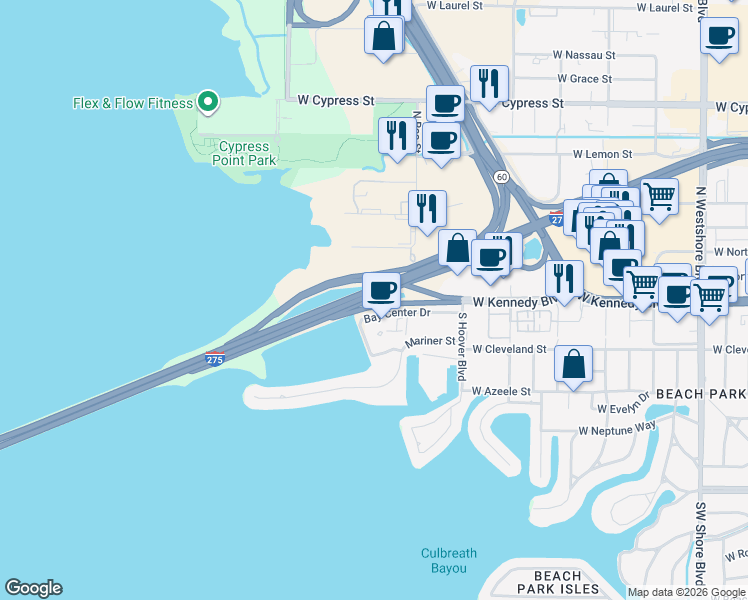 map of restaurants, bars, coffee shops, grocery stores, and more near State Highway 93 in Tampa