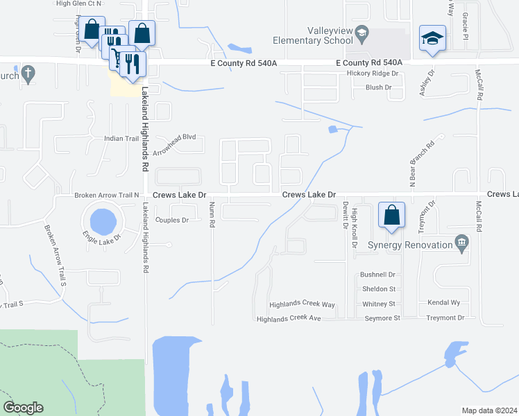 map of restaurants, bars, coffee shops, grocery stores, and more near 2429 Colonel Ford Drive in Lakeland