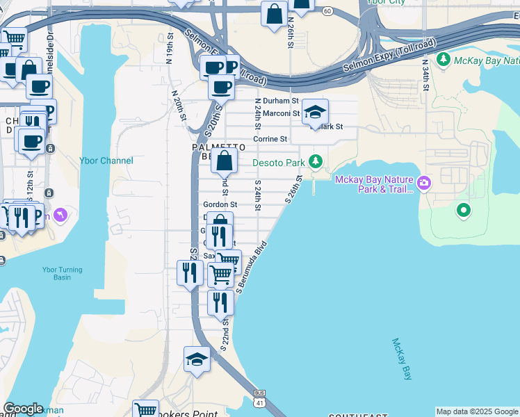 map of restaurants, bars, coffee shops, grocery stores, and more near 2401 Gordon Street in Tampa