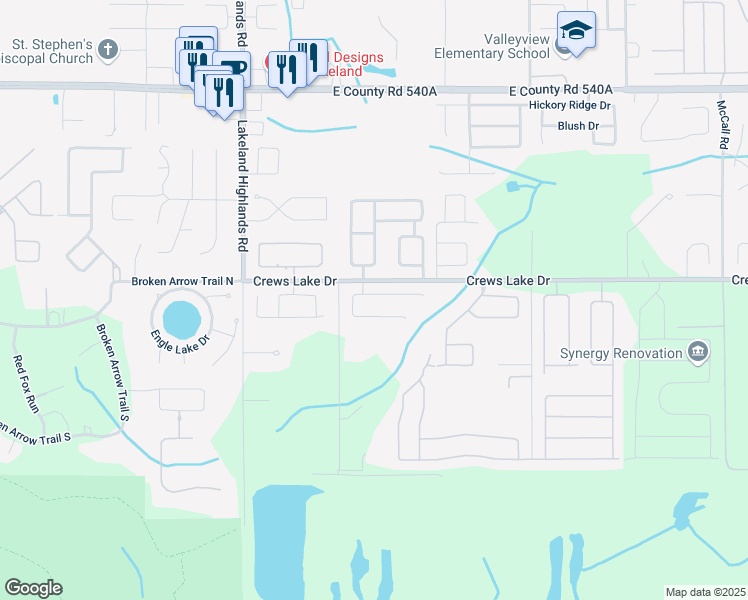 map of restaurants, bars, coffee shops, grocery stores, and more near 2477 Colonel Ford Drive in Lakeland