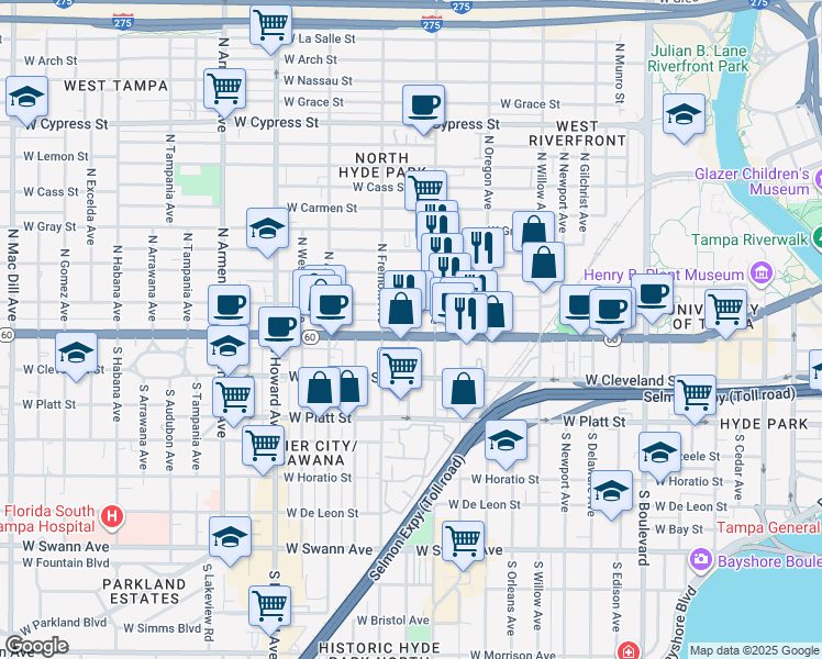 map of restaurants, bars, coffee shops, grocery stores, and more near 1711 West Kennedy Boulevard in Tampa