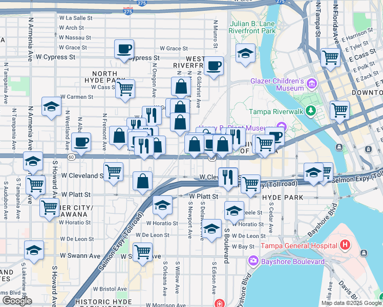 map of restaurants, bars, coffee shops, grocery stores, and more near 1119 West Kennedy Boulevard in Tampa