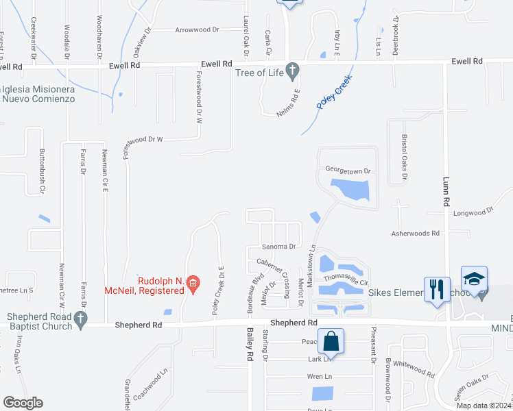 map of restaurants, bars, coffee shops, grocery stores, and more near 6716 Bordeaux Boulevard in Lakeland