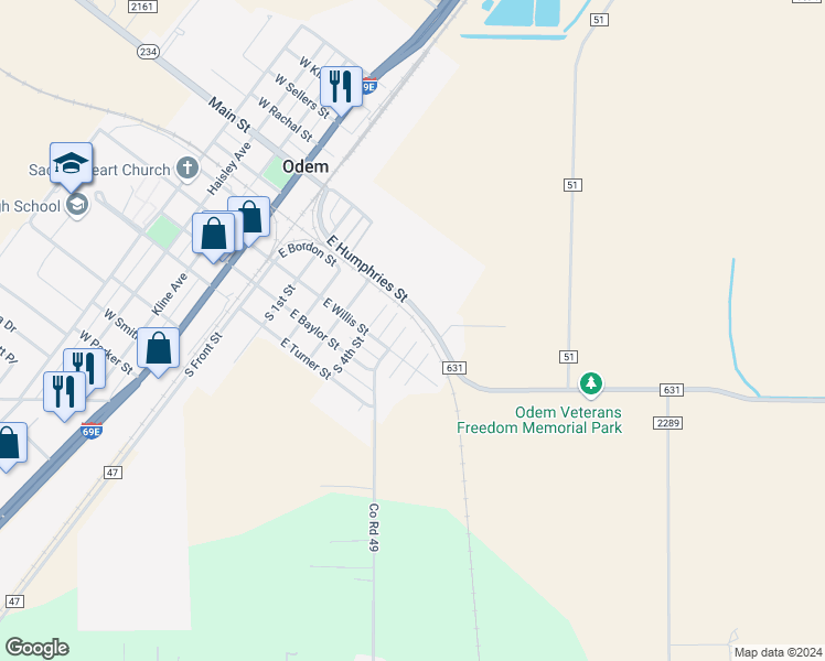 map of restaurants, bars, coffee shops, grocery stores, and more near 102 5th Street in Odem