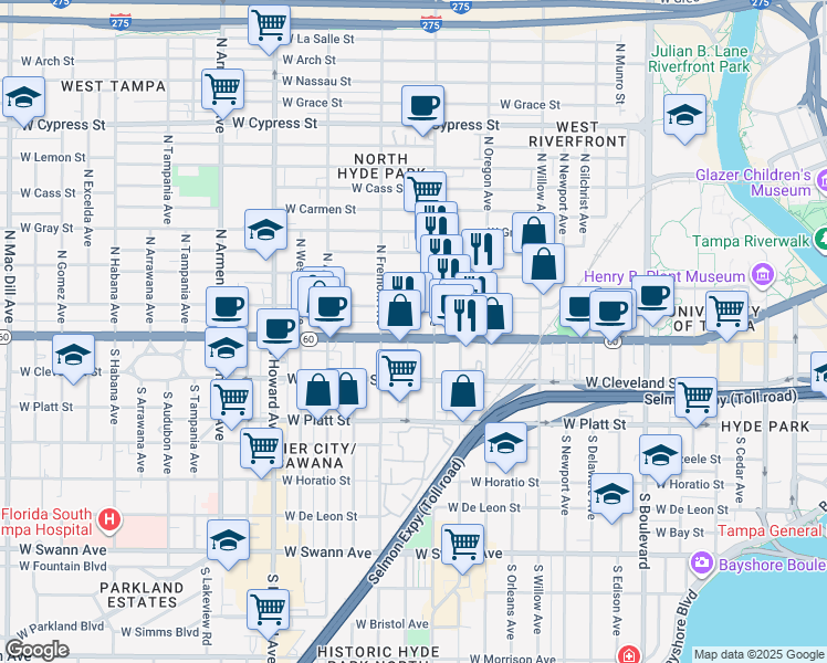 map of restaurants, bars, coffee shops, grocery stores, and more near 1711 West Kennedy Boulevard in Tampa