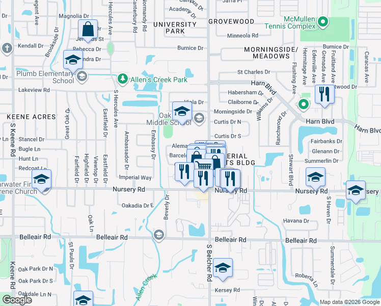 map of restaurants, bars, coffee shops, grocery stores, and more near 2162 Barcelona Drive in Clearwater