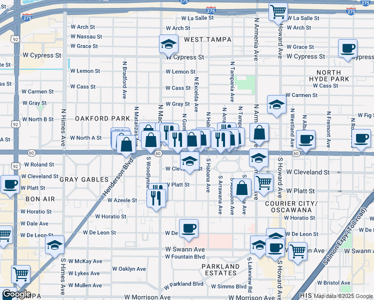 map of restaurants, bars, coffee shops, grocery stores, and more near 2917 Florida 60 in Tampa