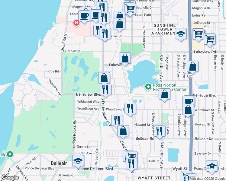 map of restaurants, bars, coffee shops, grocery stores, and more near 1440 Hamlet Avenue in Clearwater