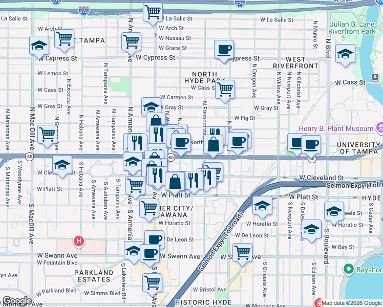 map of restaurants, bars, coffee shops, grocery stores, and more near 2009 West Kennedy Boulevard in Tampa