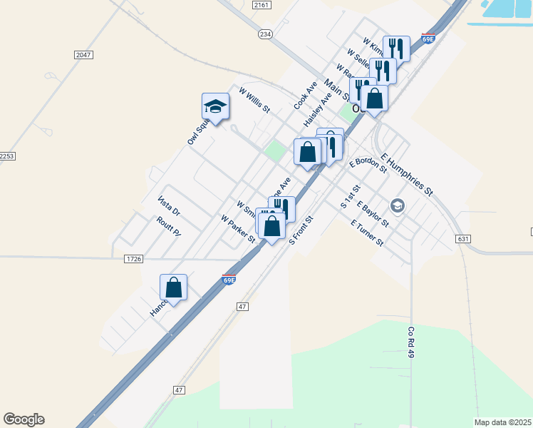 map of restaurants, bars, coffee shops, grocery stores, and more near 1108 Kline Avenue in Odem