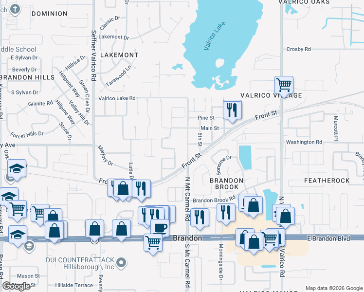map of restaurants, bars, coffee shops, grocery stores, and more near 1598 Front Street in Valrico