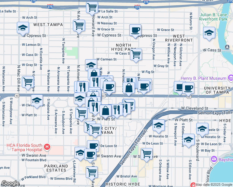 map of restaurants, bars, coffee shops, grocery stores, and more near 2009 West Kennedy Boulevard in Tampa