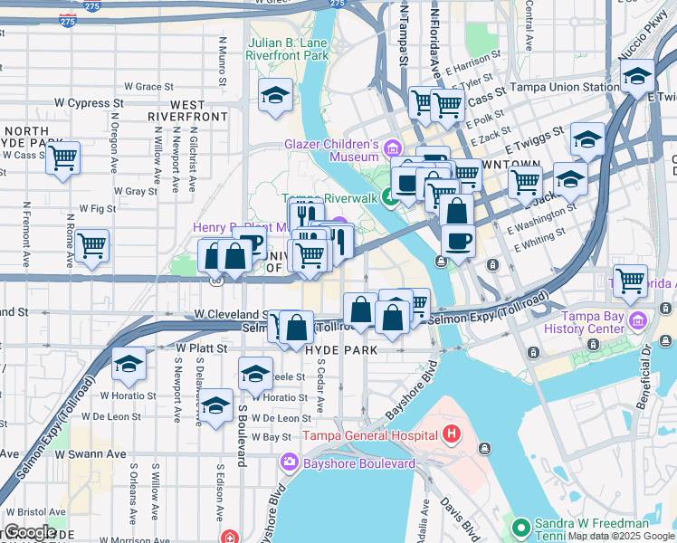 map of restaurants, bars, coffee shops, grocery stores, and more near 115 South Hyde Park Avenue in Tampa