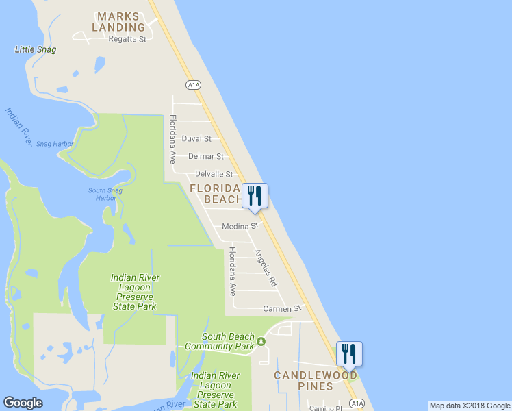 map of restaurants, bars, coffee shops, grocery stores, and more near 6665 Florida A1A in Melbourne Beach