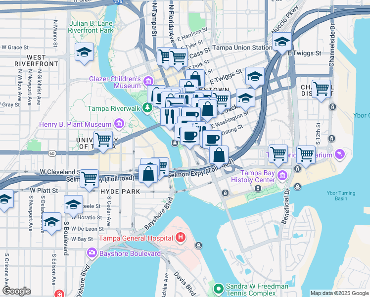 map of restaurants, bars, coffee shops, grocery stores, and more near Ashley Drive South in Tampa