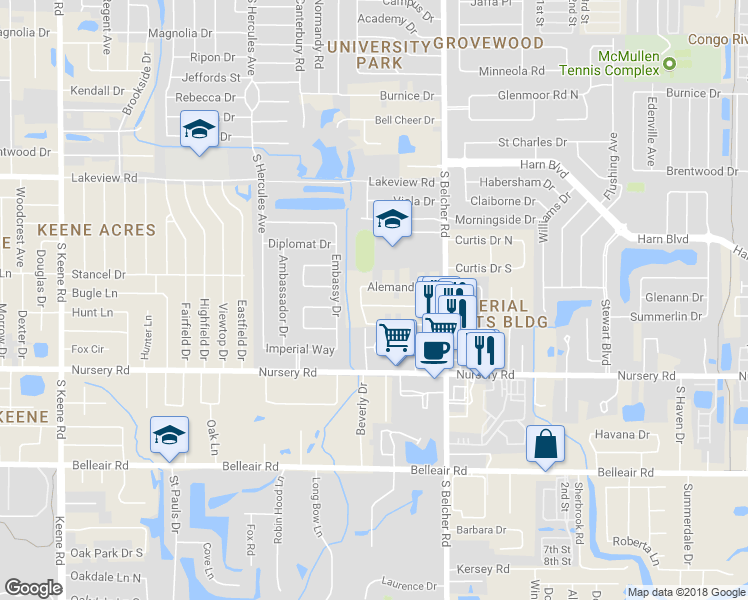 map of restaurants, bars, coffee shops, grocery stores, and more near 2122 Barcelona Dr in Clearwater
