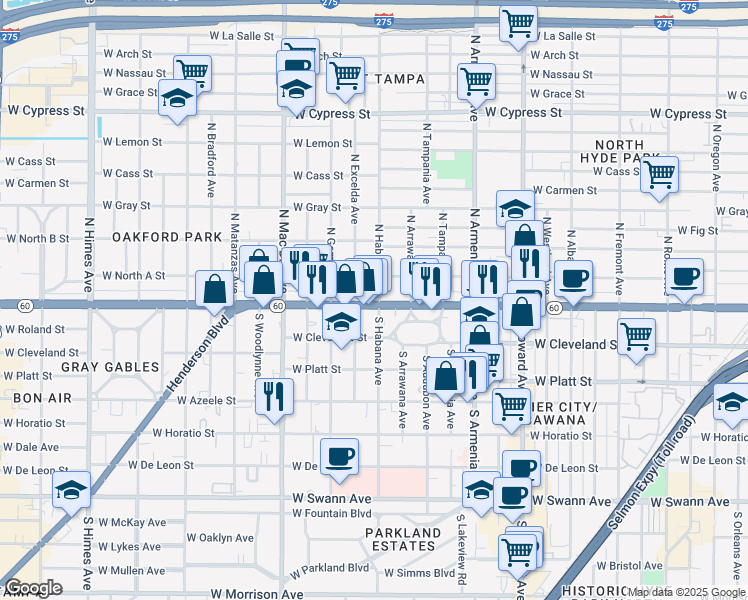 map of restaurants, bars, coffee shops, grocery stores, and more near 2811 West Kennedy Boulevard in Tampa