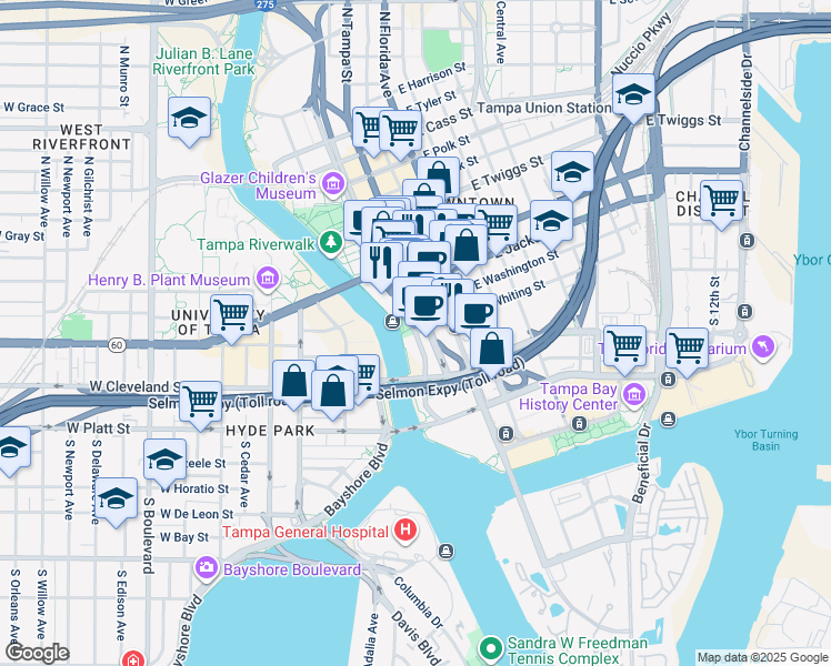 map of restaurants, bars, coffee shops, grocery stores, and more near 100 North Ashley Drive in Tampa