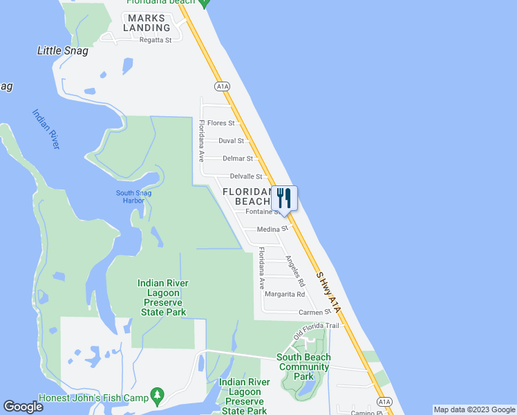 map of restaurants, bars, coffee shops, grocery stores, and more near 110 Fontaine Street in Melbourne Beach