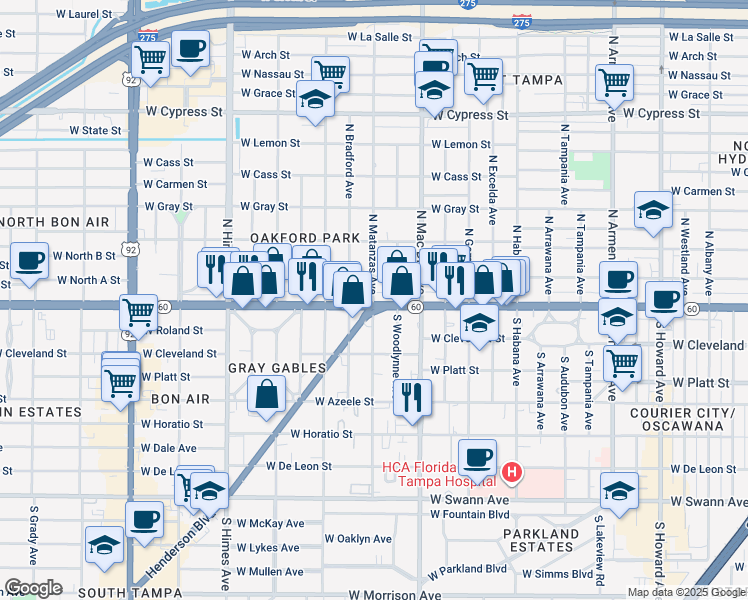 map of restaurants, bars, coffee shops, grocery stores, and more near 15 North Matanzas Avenue in Tampa