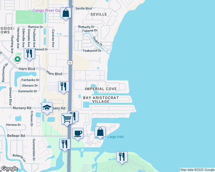 map of restaurants, bars, coffee shops, grocery stores, and more near 19029 Imperial Cove in Clearwater