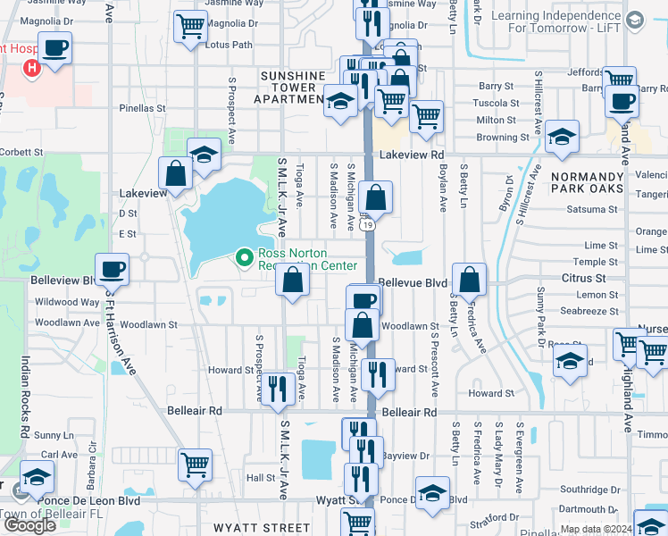 map of restaurants, bars, coffee shops, grocery stores, and more near 1421 South Madison Avenue in Clearwater