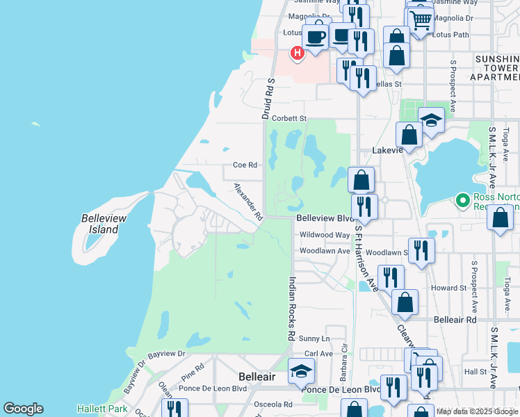 map of restaurants, bars, coffee shops, grocery stores, and more near 1578 Druid Road South in Belleair