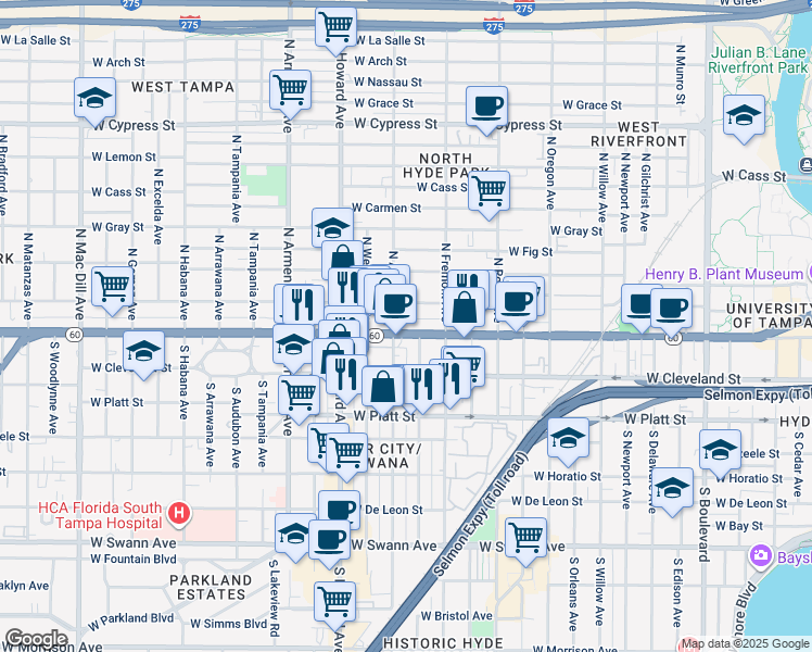 map of restaurants, bars, coffee shops, grocery stores, and more near 2009 West Kennedy Boulevard in Tampa