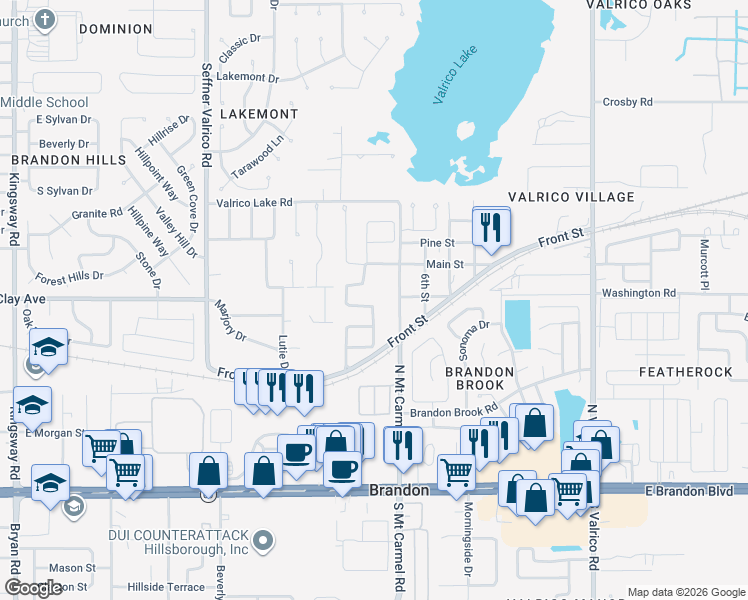 map of restaurants, bars, coffee shops, grocery stores, and more near 1598 Front Street in Valrico