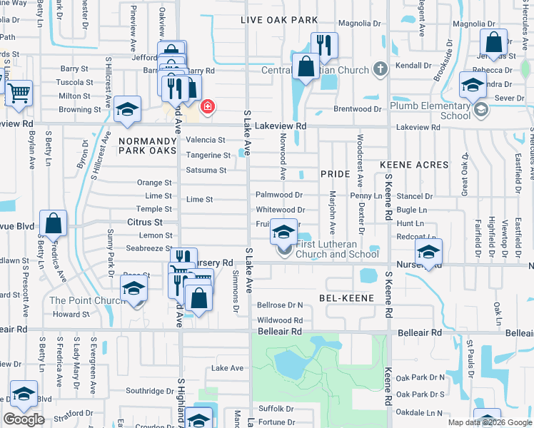 map of restaurants, bars, coffee shops, grocery stores, and more near 1619 Whitewood Drive in Clearwater
