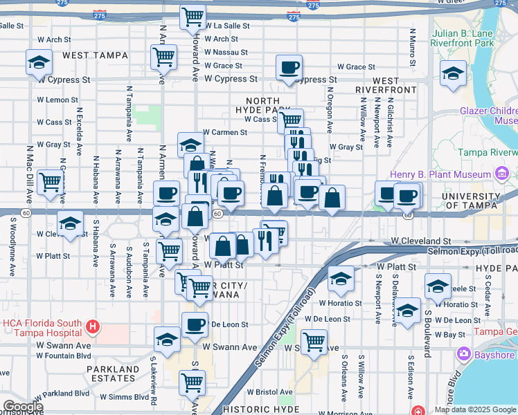 map of restaurants, bars, coffee shops, grocery stores, and more near 1901 West Kennedy Boulevard in Tampa