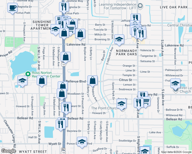 map of restaurants, bars, coffee shops, grocery stores, and more near 1420 South Evergreen Avenue in Clearwater