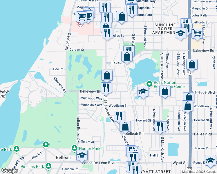 map of restaurants, bars, coffee shops, grocery stores, and more near 1433 South Fort Harrison Avenue in Clearwater