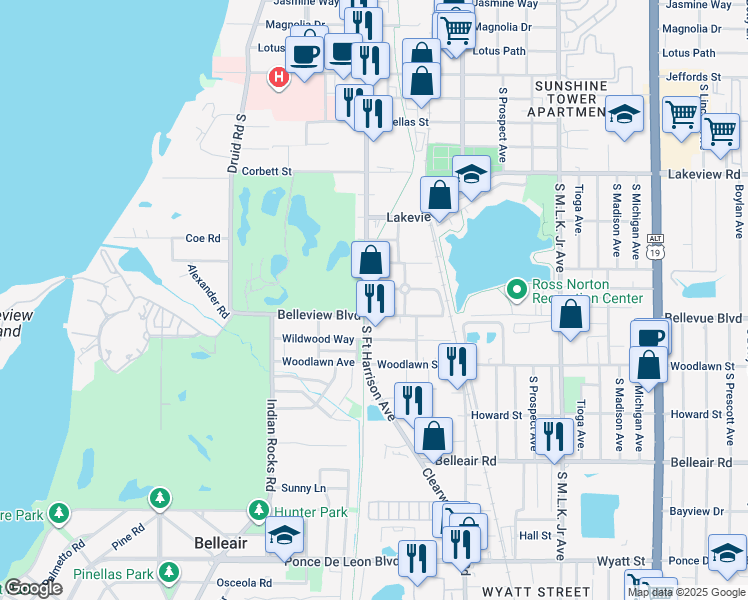 map of restaurants, bars, coffee shops, grocery stores, and more near 1433 South Fort Harrison Avenue in Clearwater