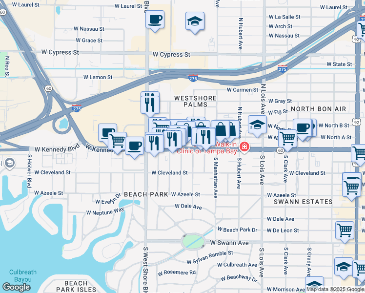 map of restaurants, bars, coffee shops, grocery stores, and more near 4545 Florida 60 in Tampa