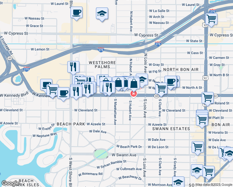 map of restaurants, bars, coffee shops, grocery stores, and more near 4355 Florida 60 in Tampa