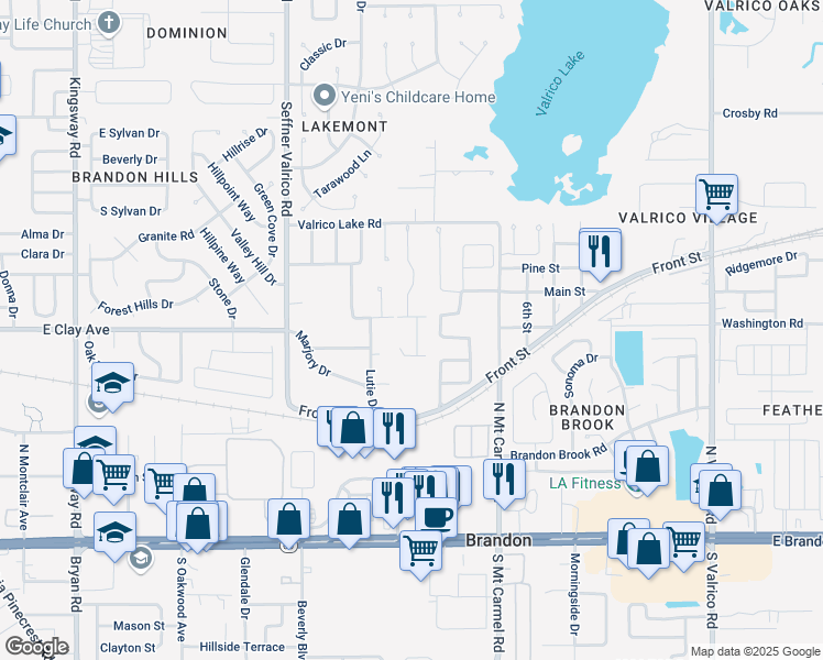 map of restaurants, bars, coffee shops, grocery stores, and more near 412 Darcy Bluff Place in Valrico