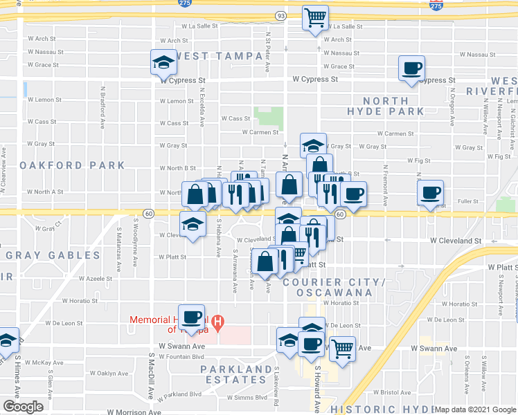 map of restaurants, bars, coffee shops, grocery stores, and more near 100 North Tampania Avenue in Tampa