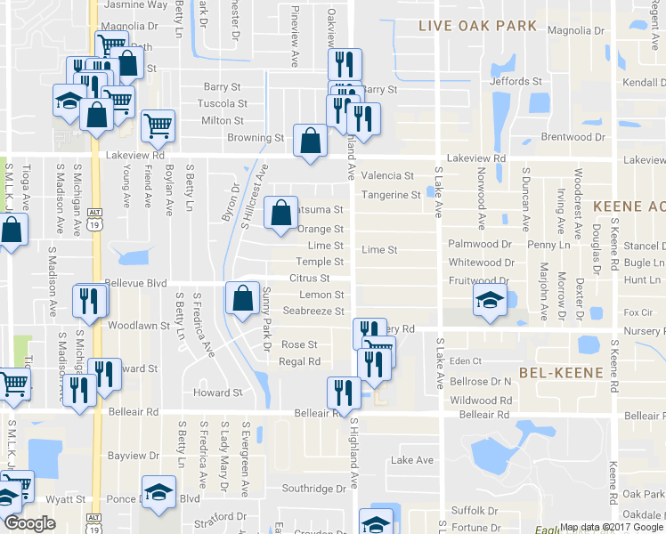 map of restaurants, bars, coffee shops, grocery stores, and more near 1457 Temple Street in Clearwater