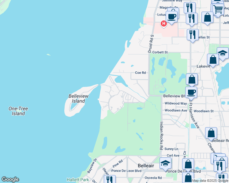 map of restaurants, bars, coffee shops, grocery stores, and more near 150 Belleview Boulevard in Belleair