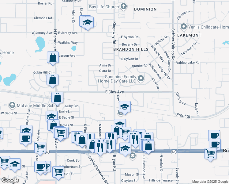 map of restaurants, bars, coffee shops, grocery stores, and more near Kingsway Rd & E Clay Ave in Brandon