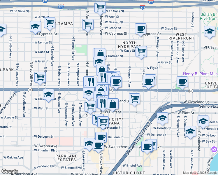 map of restaurants, bars, coffee shops, grocery stores, and more near 81 North Westland Avenue in Tampa