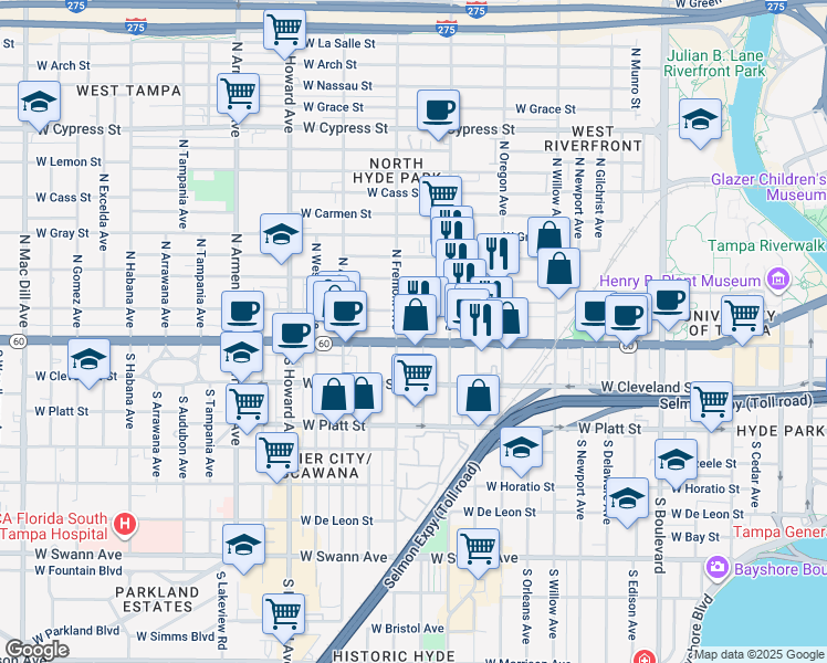 map of restaurants, bars, coffee shops, grocery stores, and more near 1711 West Kennedy Boulevard in Tampa