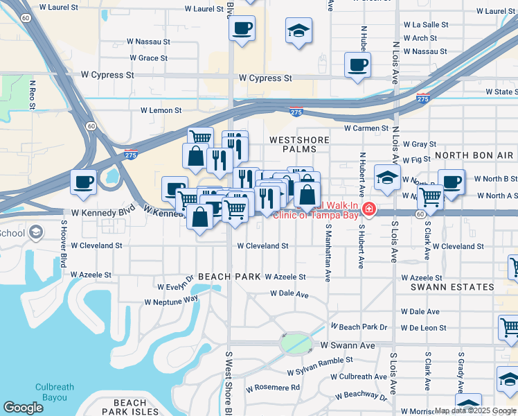 map of restaurants, bars, coffee shops, grocery stores, and more near 4601 State Road 60 in Tampa