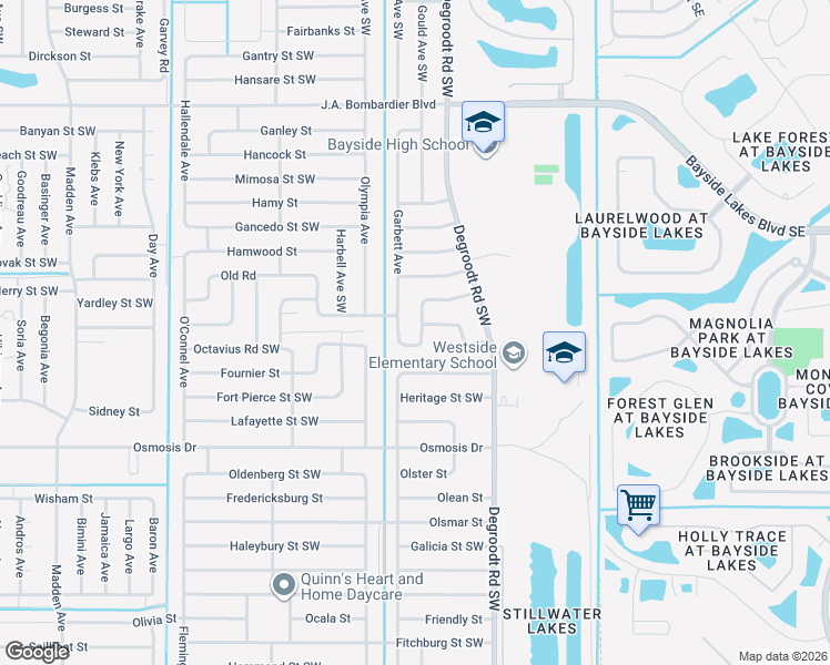 map of restaurants, bars, coffee shops, grocery stores, and more near 389 Hanford Road Southwest in Palm Bay
