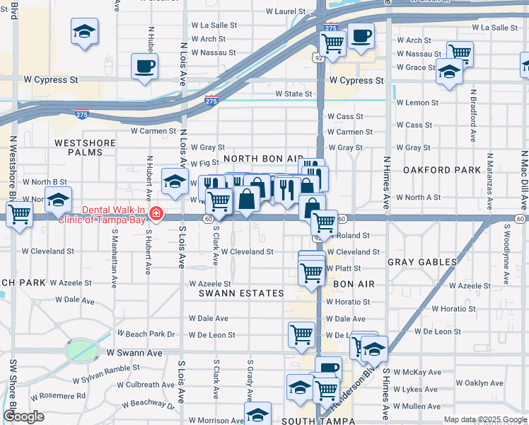 map of restaurants, bars, coffee shops, grocery stores, and more near 3925 West Kennedy Boulevard in Tampa