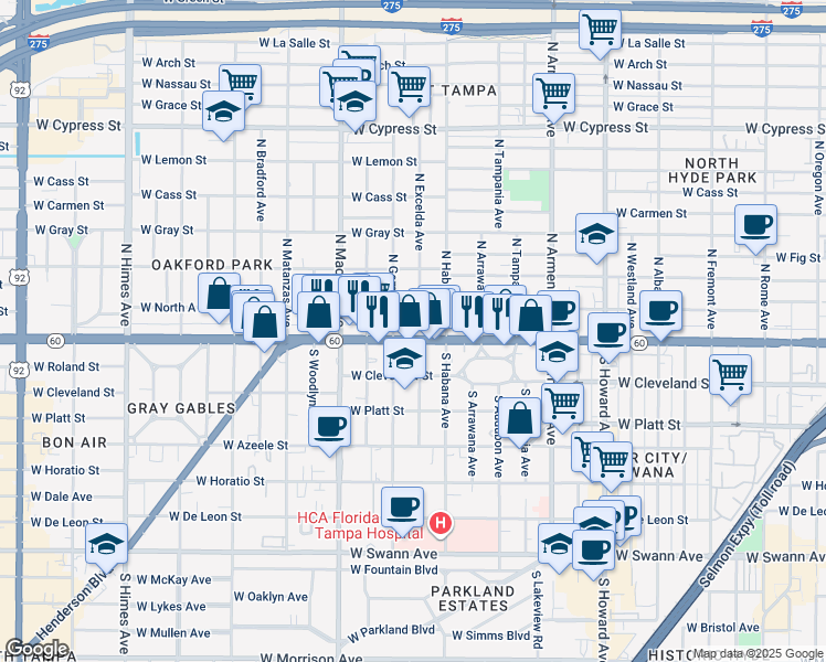map of restaurants, bars, coffee shops, grocery stores, and more near 2917 Florida 60 in Tampa