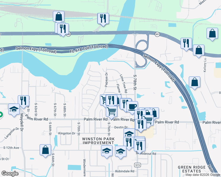 map of restaurants, bars, coffee shops, grocery stores, and more near 7505 Melaleuca Lane in Tampa