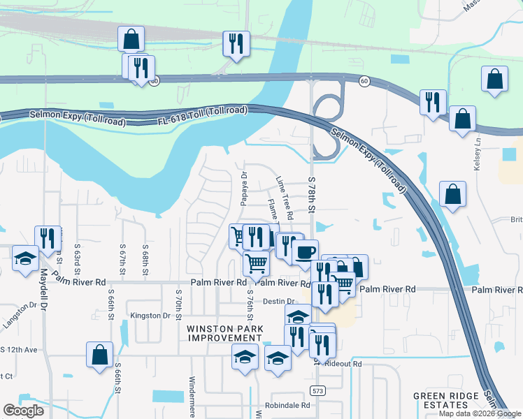 map of restaurants, bars, coffee shops, grocery stores, and more near 7505 Melaleuca Lane in Tampa