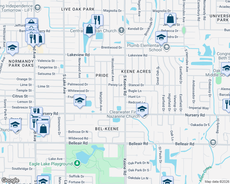 map of restaurants, bars, coffee shops, grocery stores, and more near 1421 Dexter Drive in Clearwater